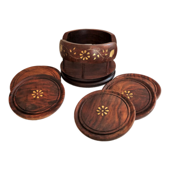 Set of 6 coasters with wooden and brass holder