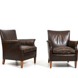 Pair of old Danish club chairs in patinated leather 1940s