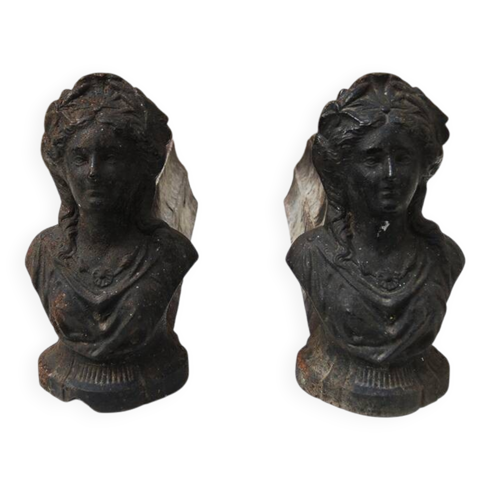 Old cast iron andirons: bust of a woman with a medallion