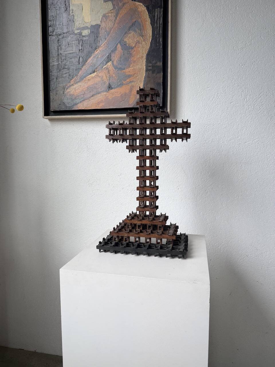 Crucifix sculpture Tramp Art 1900