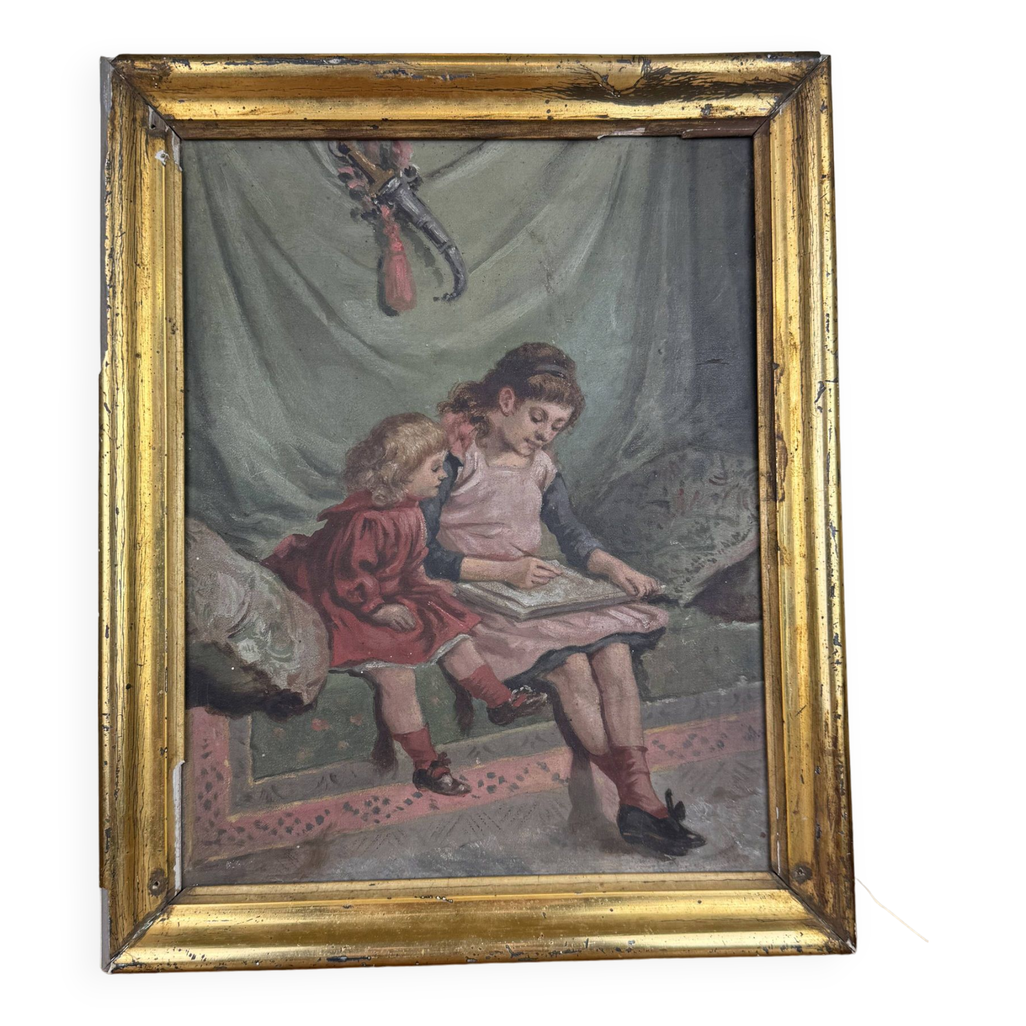 19th century French school: oil on panel "the drawing lesson" circa 1860