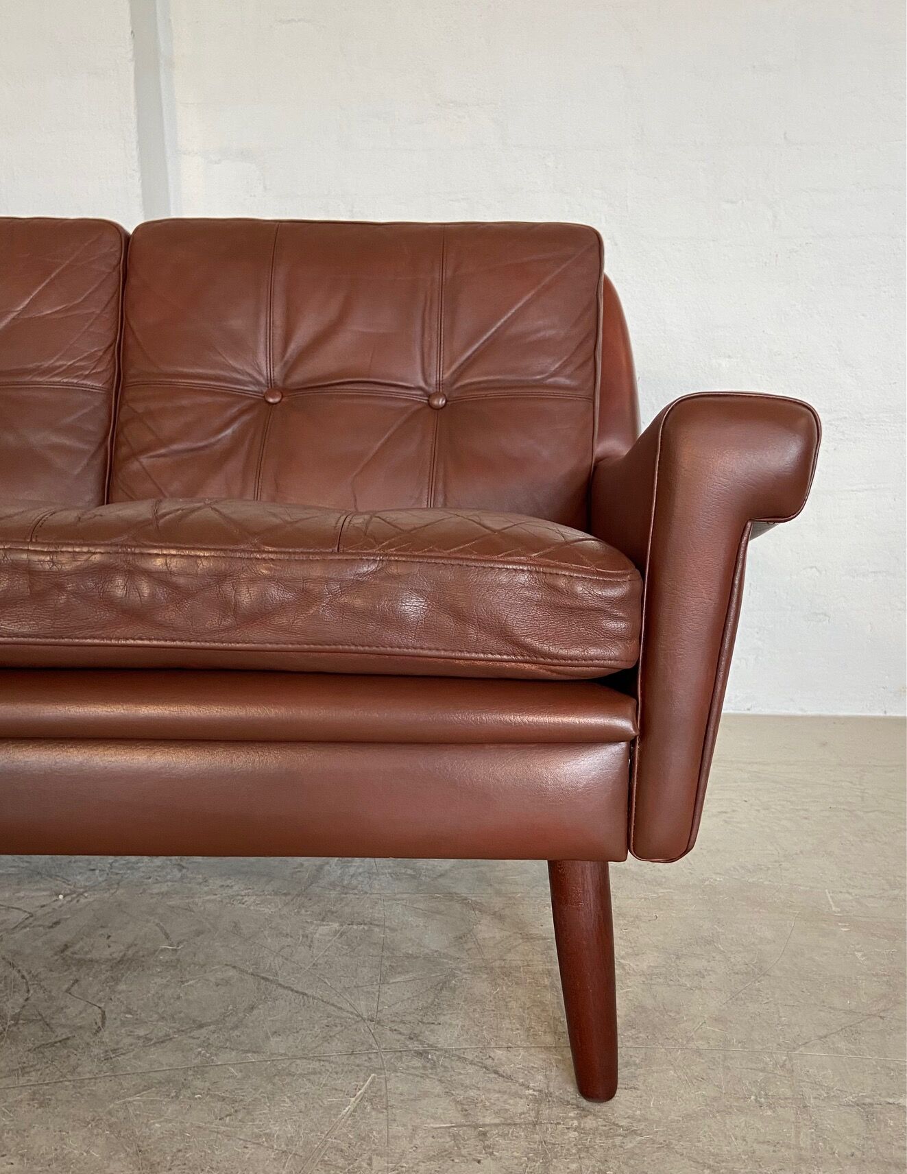 Danish mid-century Svend Skipper cognac 3 person sofa & lounge chair 1960s