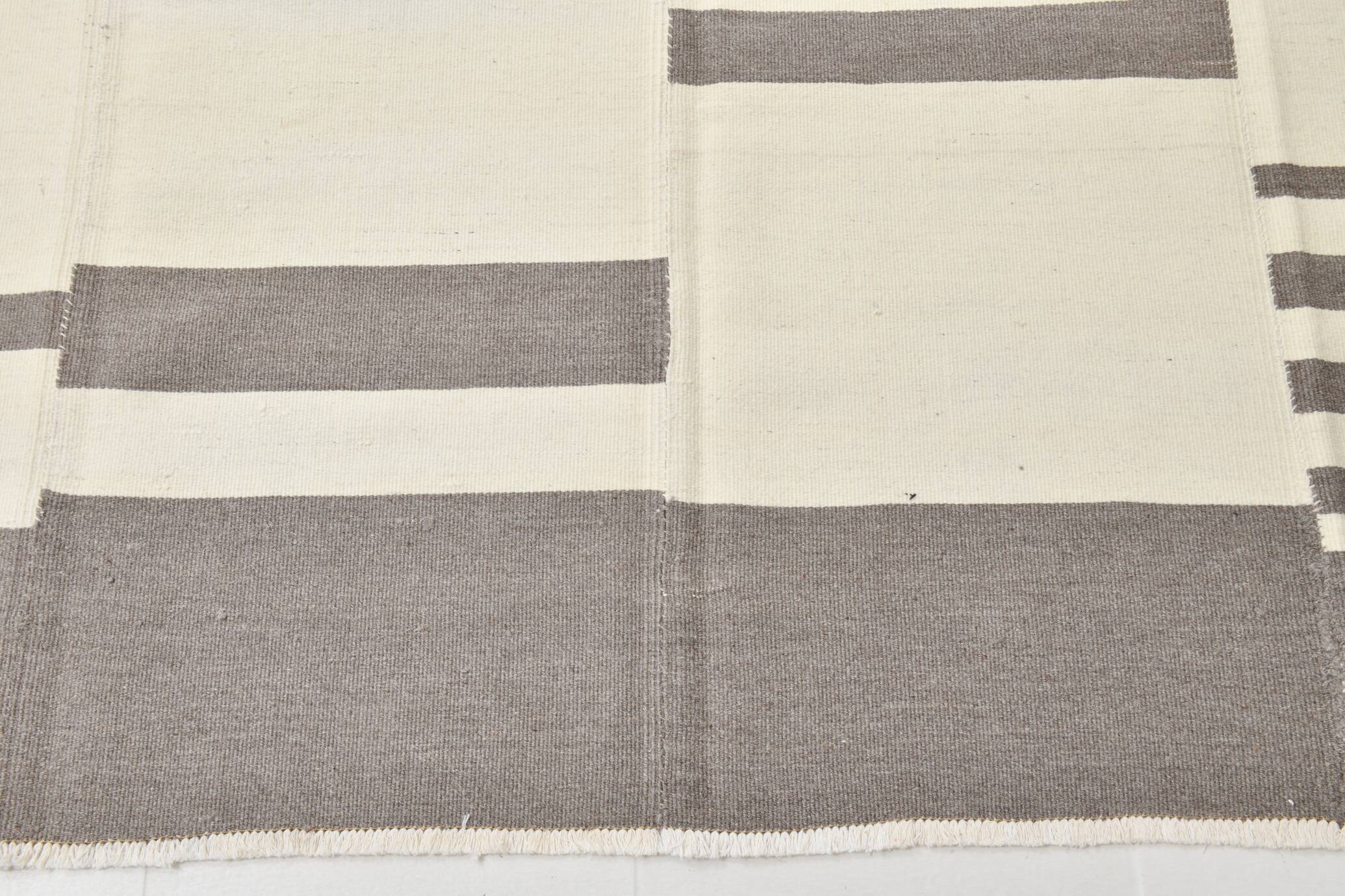 7x9 Cream Gray Handmade Comtemporary Kilim Rug, 225x276Cm