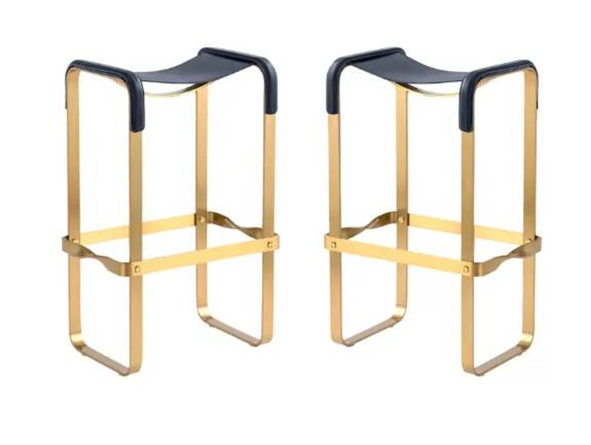 Pair of blue metal and brass stools without a backrest.