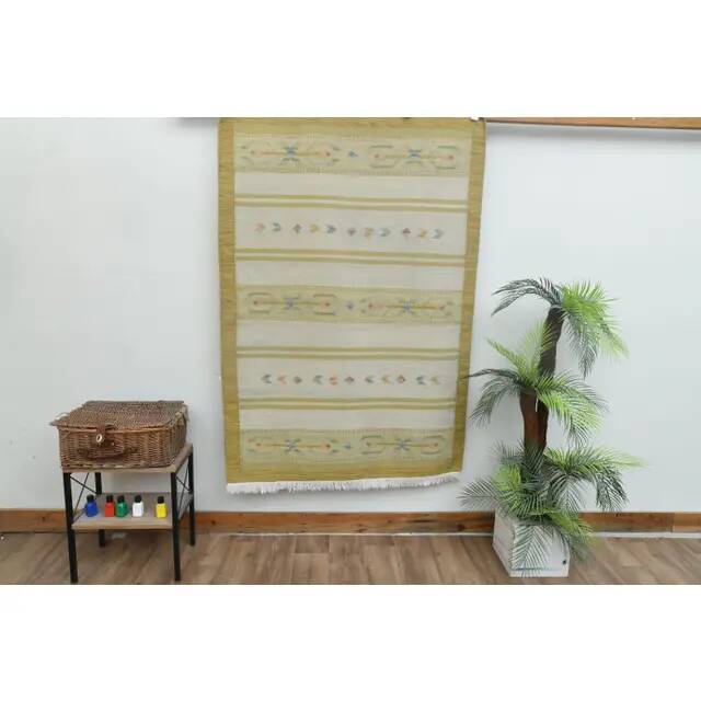 1970s Vintage Turkish Handmade Wool Cotton Green Kilim Rug 117x170