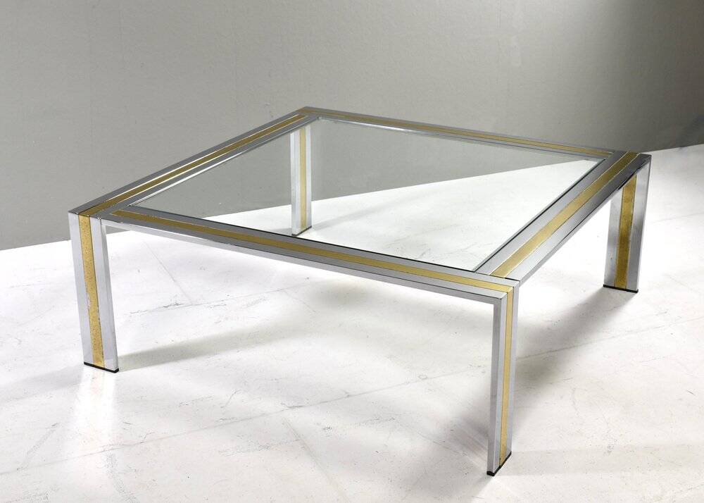 Square coffee table in brass, chrome and glass by Renato Zevi, Italy, 1970s