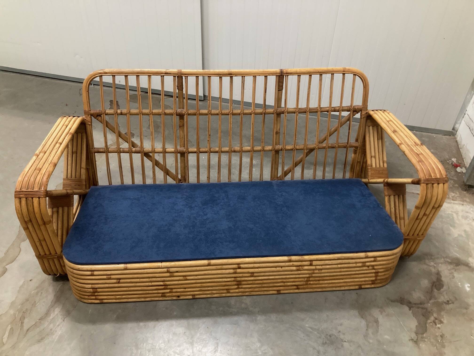 Exclusive Six Strand Rectangular Rattan 3-Seat Sofa after Paul Frankl, 50s