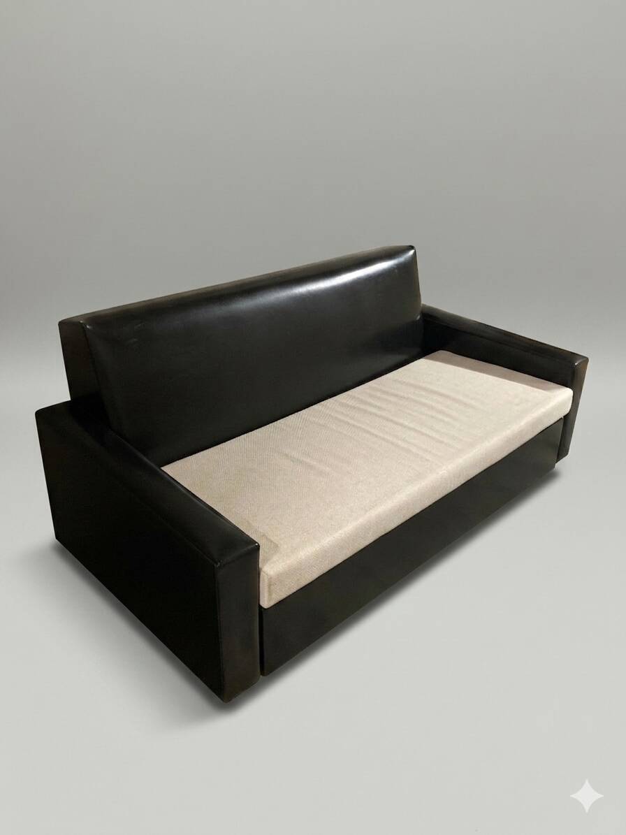 Convertible 2-seater sofa in black faux leather, 70s-80s.