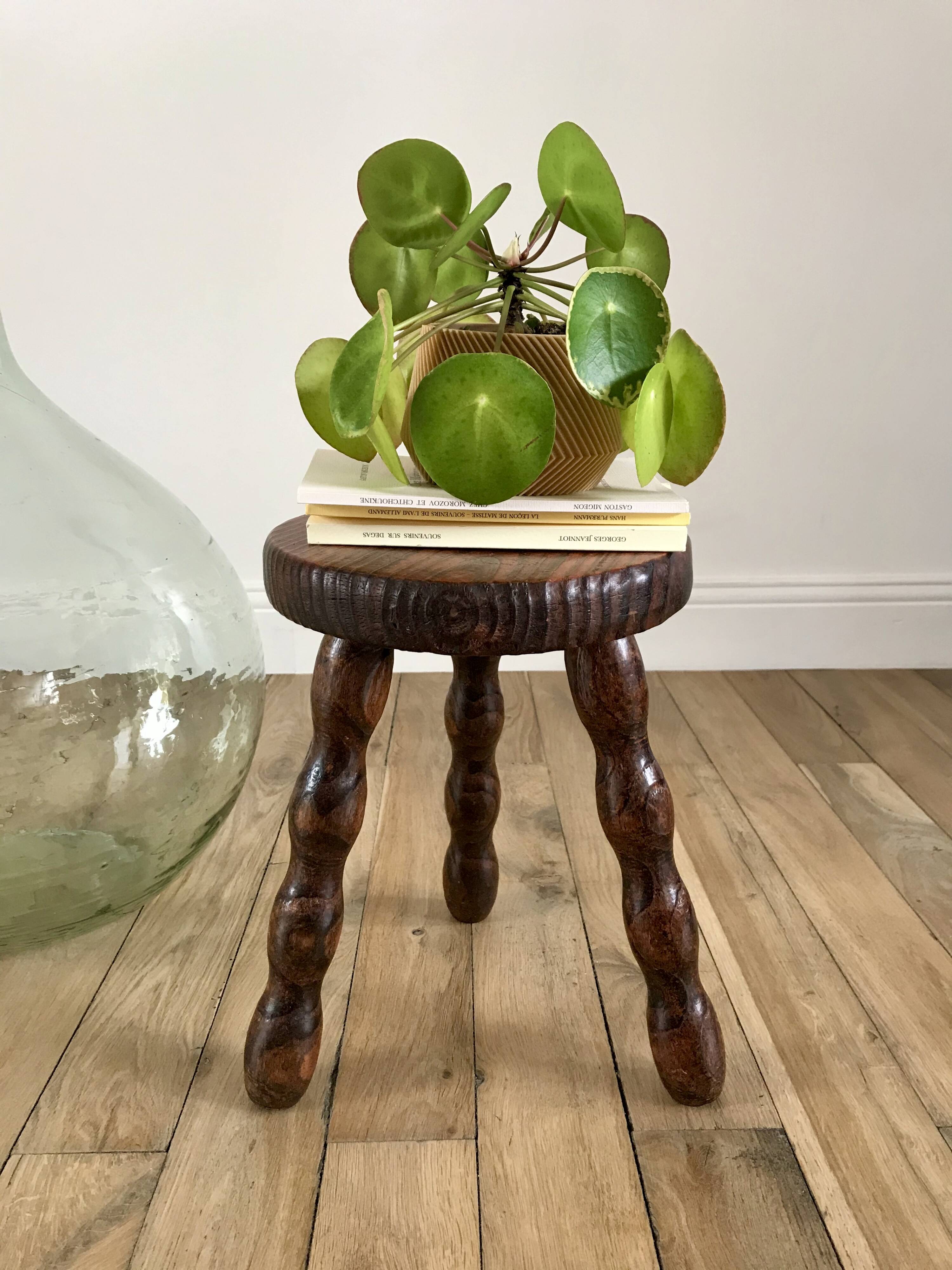 low stool in solid turned wood from the 70s