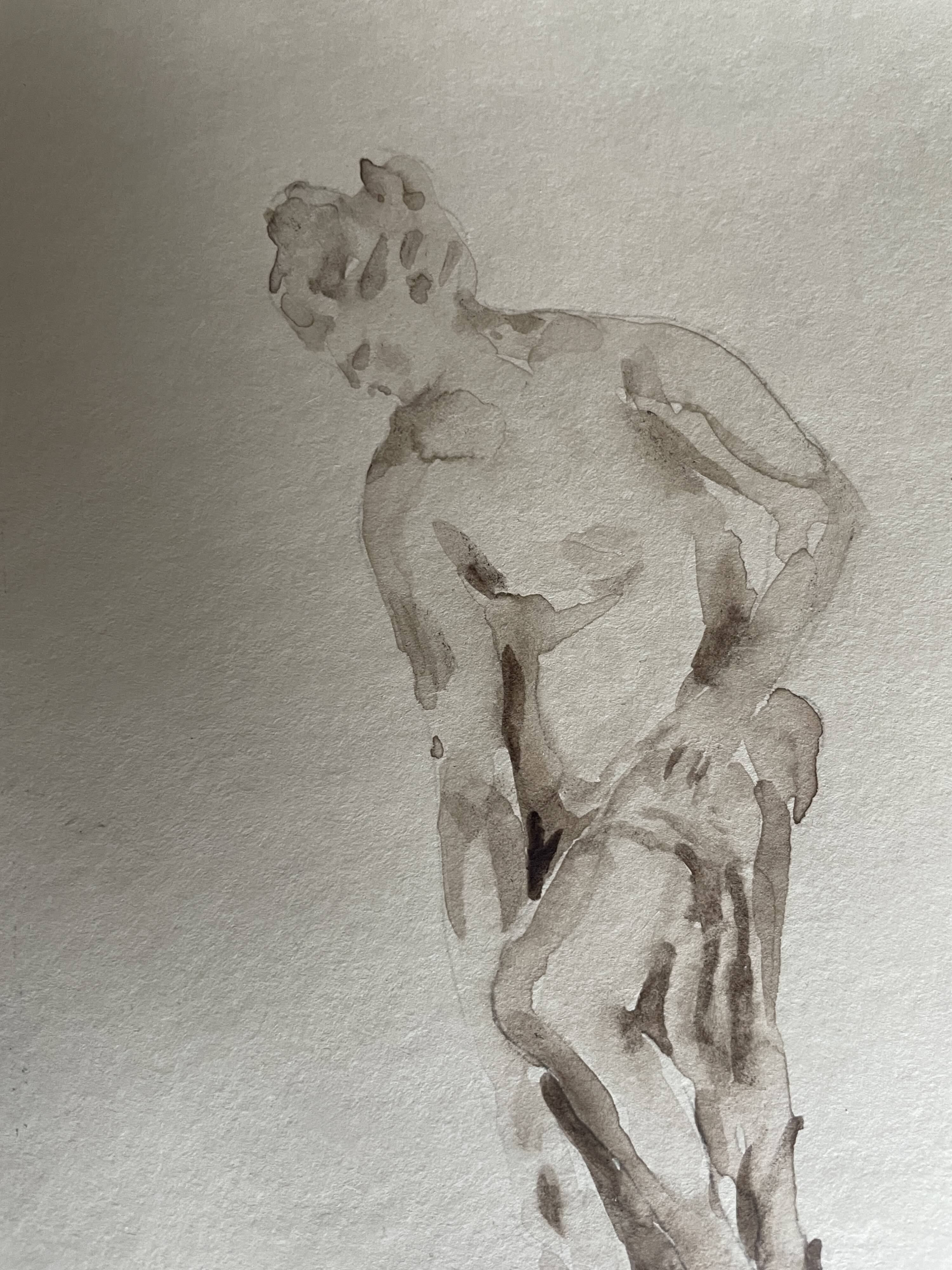 Tableau signé aquarelle monochrome étude dessin statue musée classique « sortie du bain »