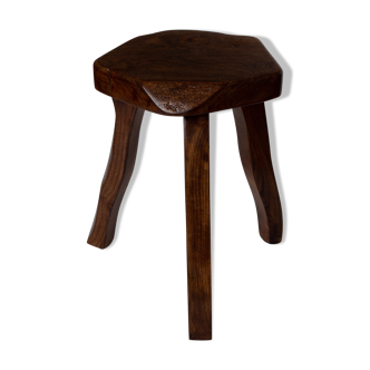Brutalist tripod stool in solid elm - Folk art - Mid-20th century