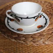 A large cup of chocolate tea, saucer Badonviller Barcarolle orange black.