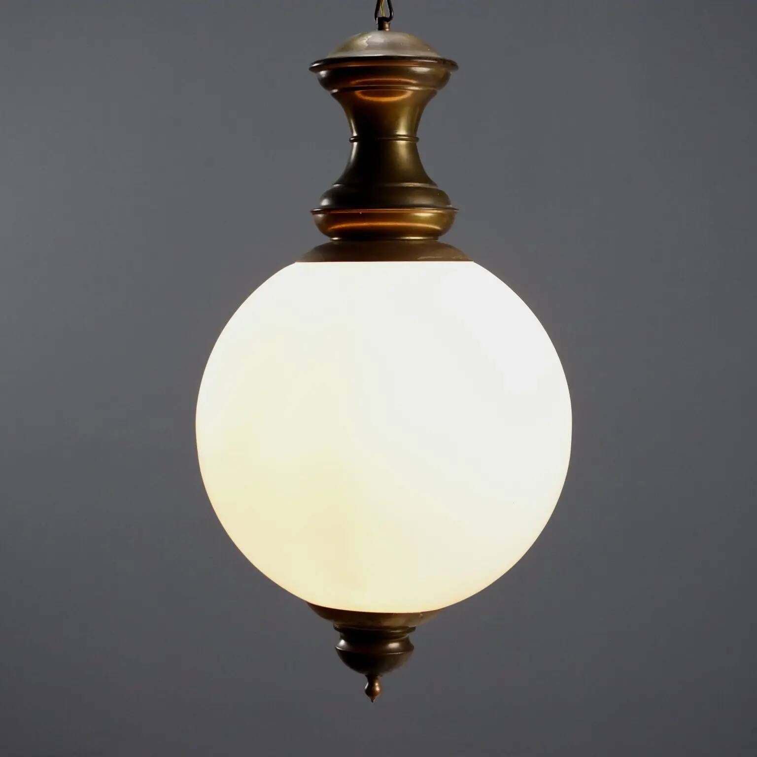 Vintage brass and opaline glass chandelier, Italian design from the 1960s.