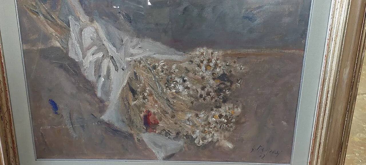 Still life by Giuseppe Manfredi, oil on cardboard, 20th century