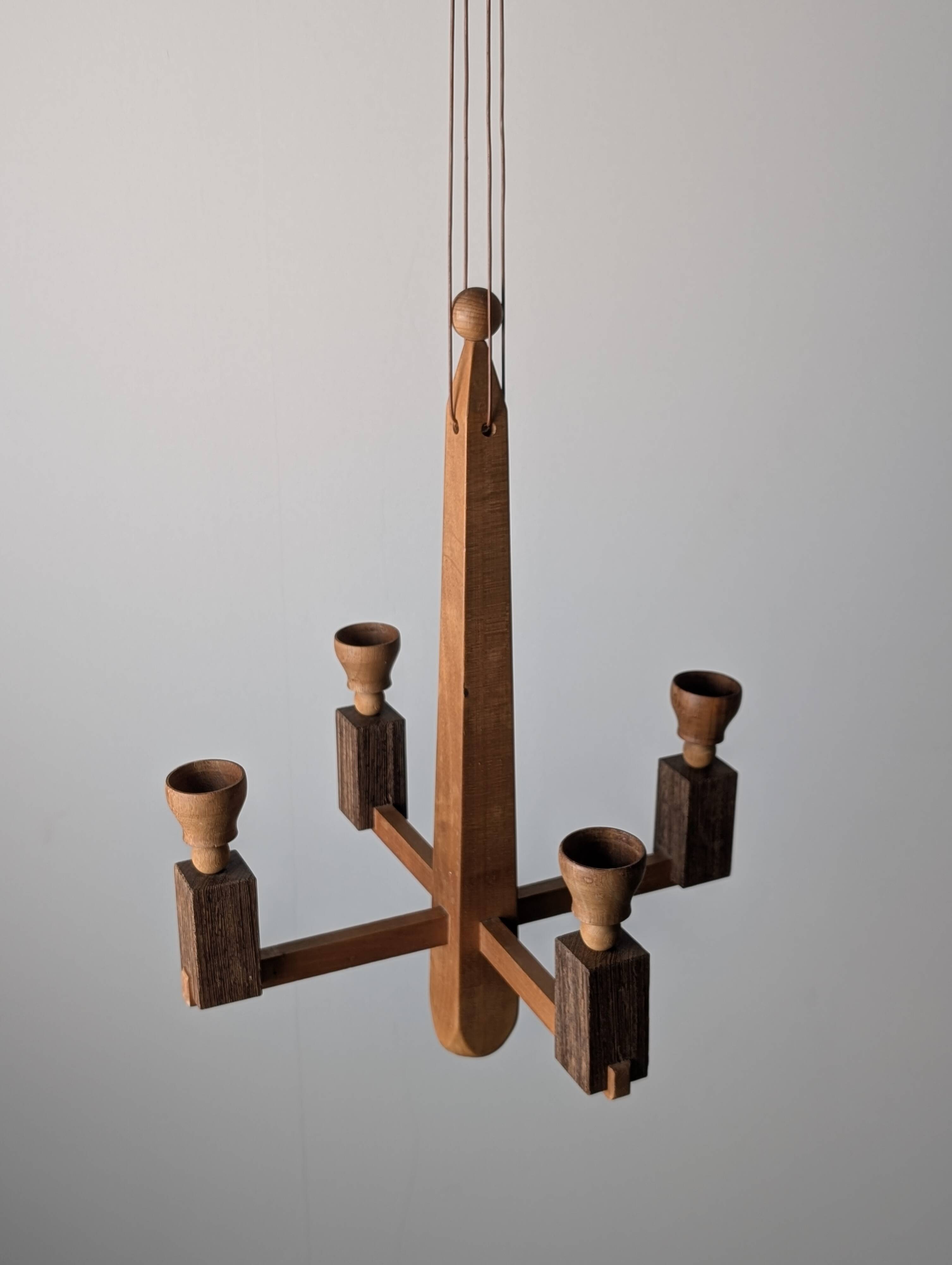 Danish hanging wooden candelabra, Art Deco style, 1970s