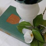 Pair of alabaster bedside lamps with blue leopard shades