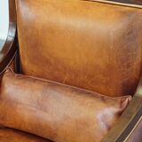 Cognac-Colored Sheepskin Leather Art Deco Design Chair Combined with Wood