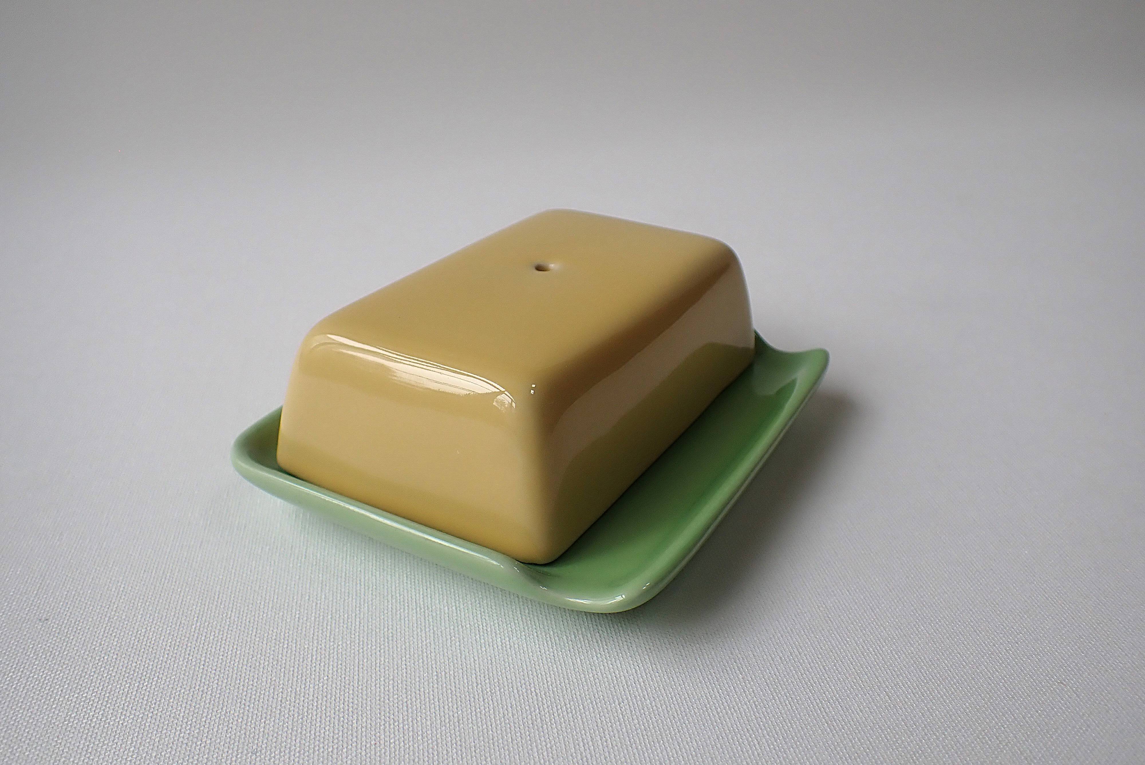 Small vintage ceramic butter dish - green and yellow