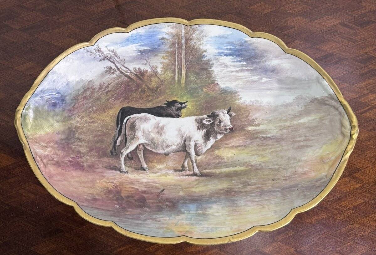 Large decorative plate made of hand-painted porcelain – Countryside scene with cattle