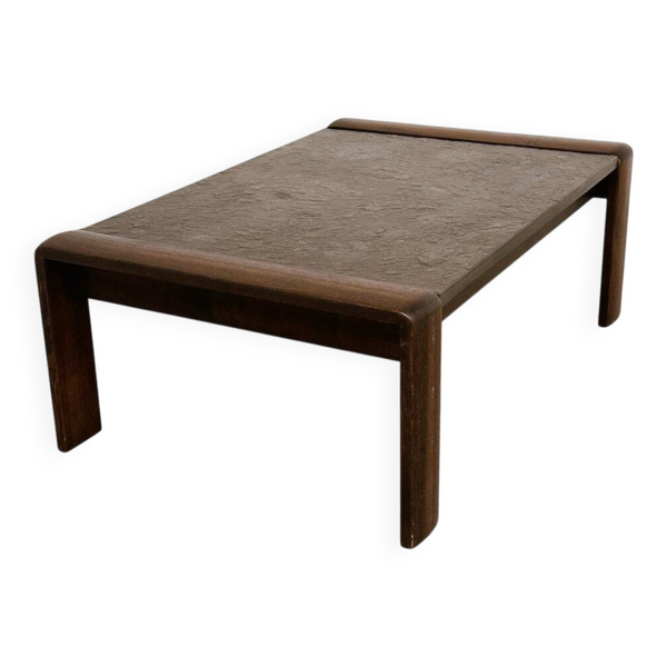 Table basse vintage en chêne belge et ardoise fossile, moderne brutaliste, années 1970