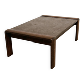 Vintage Belgian oak & fossil slate coffee table, brutalist modern, 1970s