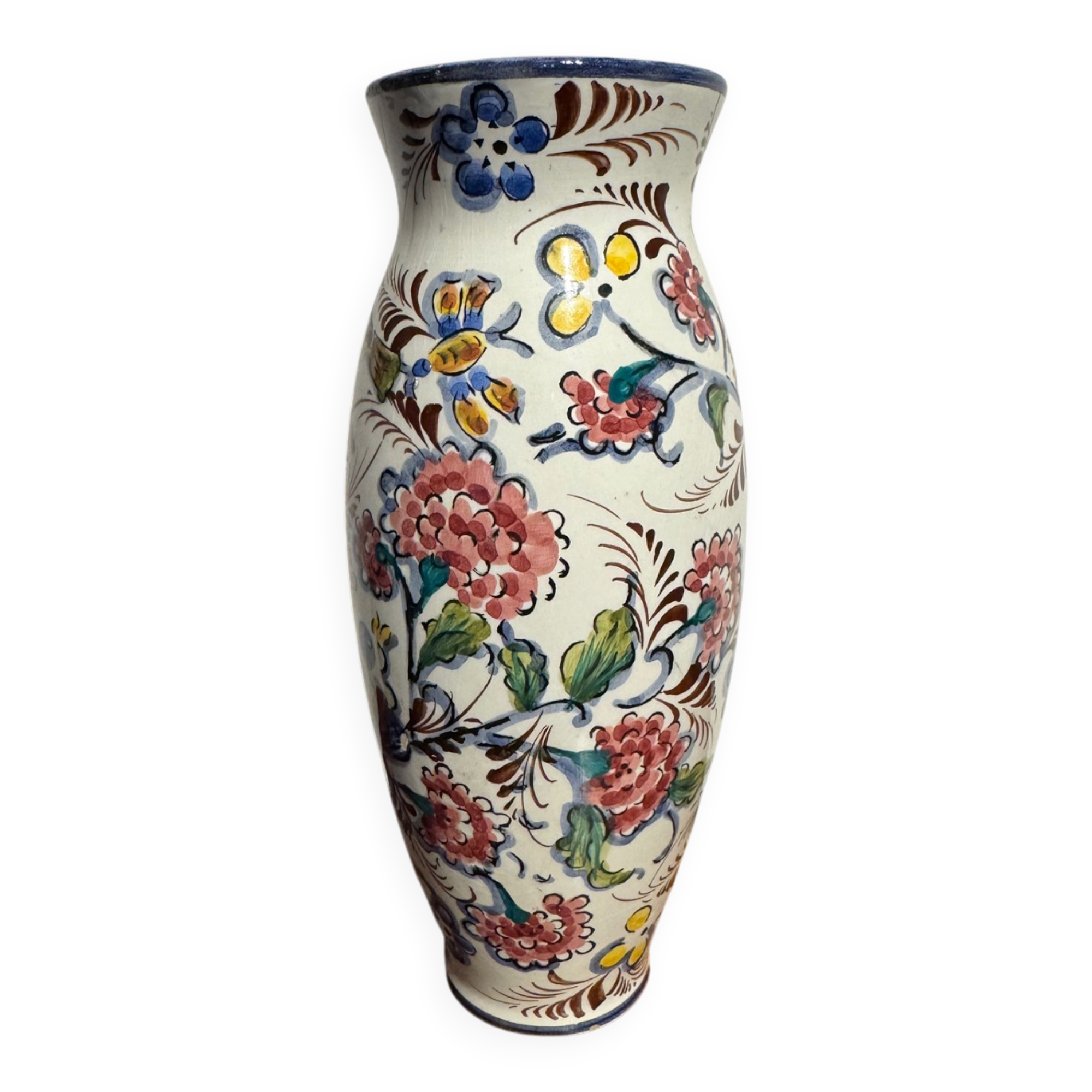 Glazed earthenware vase – floral and bird decoration –