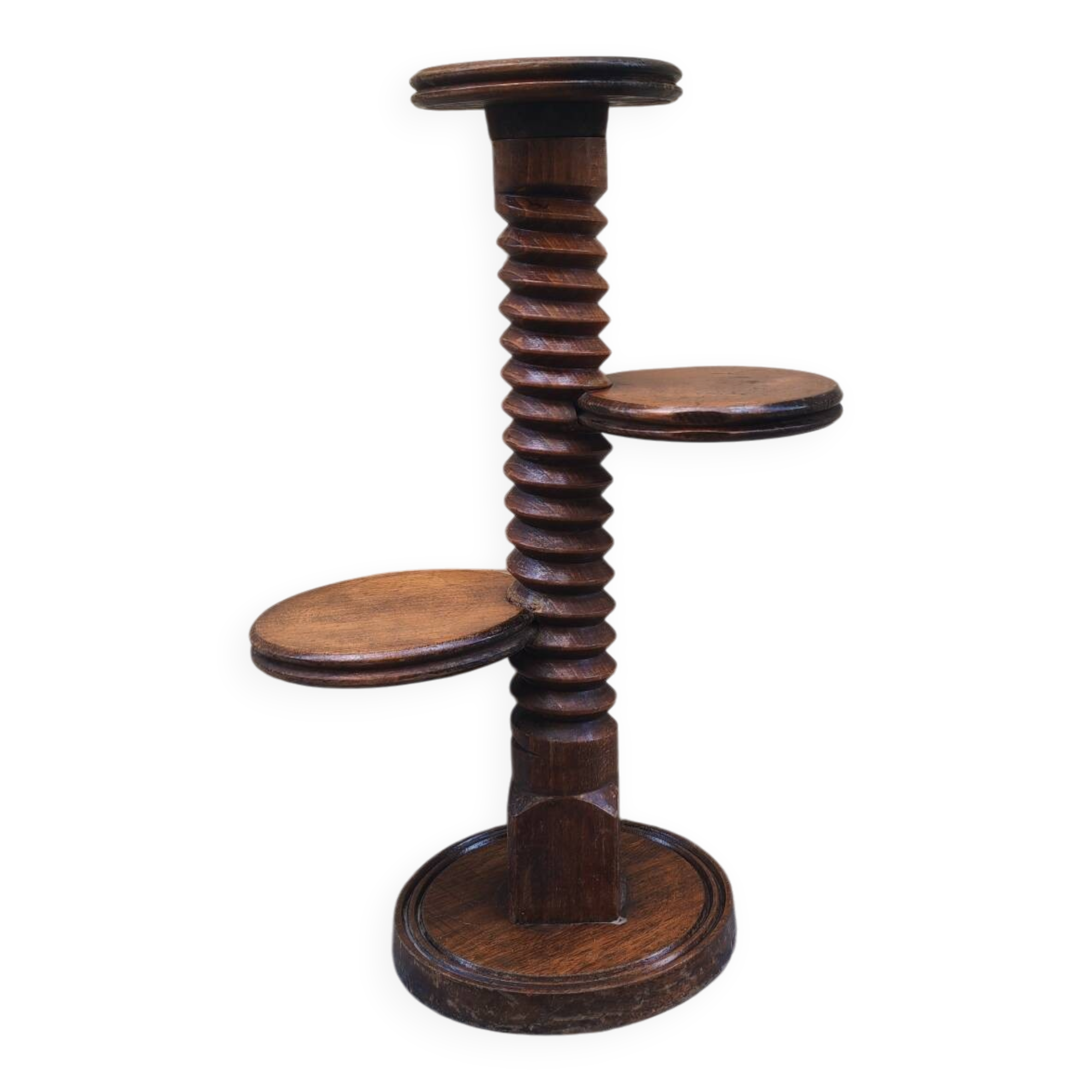 Turned wooden gueridon side table, solid turned, Charles Dudouyt style, 1960.