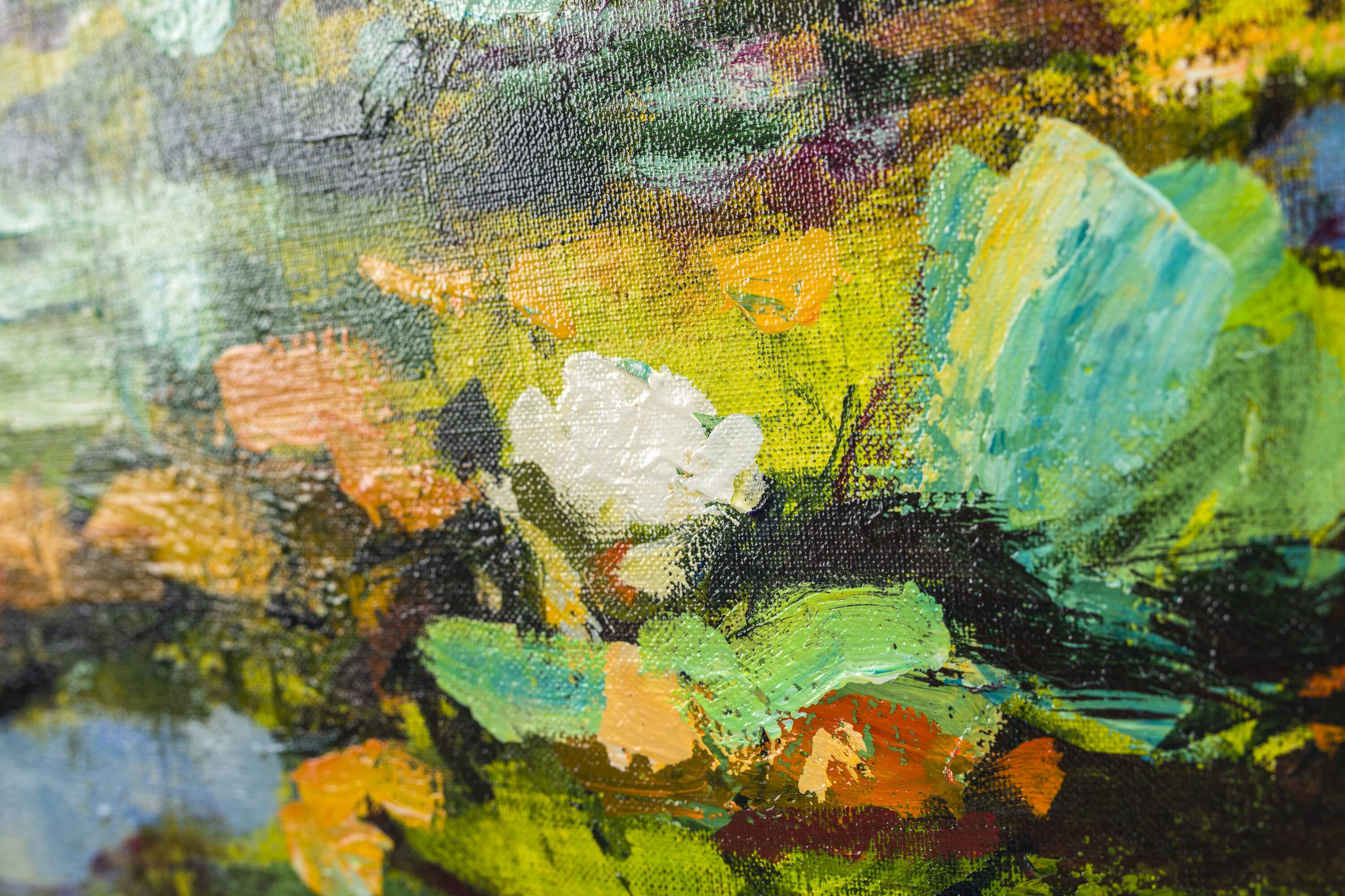 Huile sur toile Nymphéas par H. Hess, années 1980