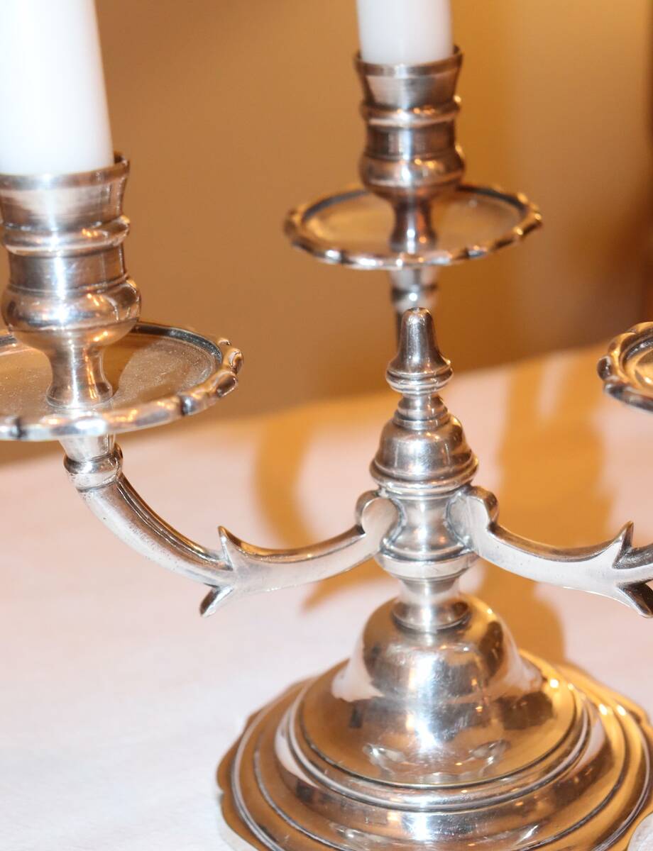 Pair of triangular 3-light candlesticks