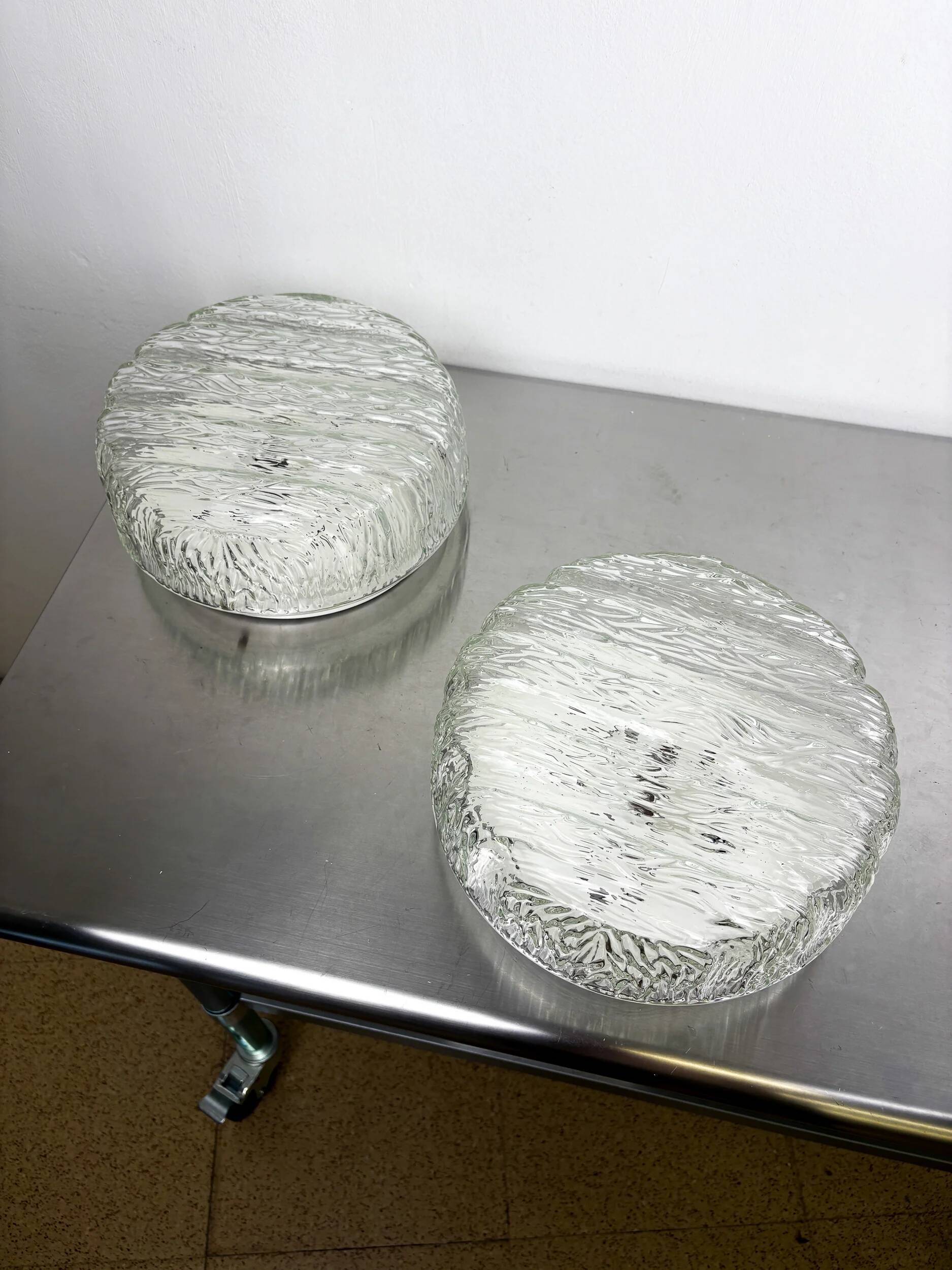 Pair of frozen glass round sconces, Germany, 1960s