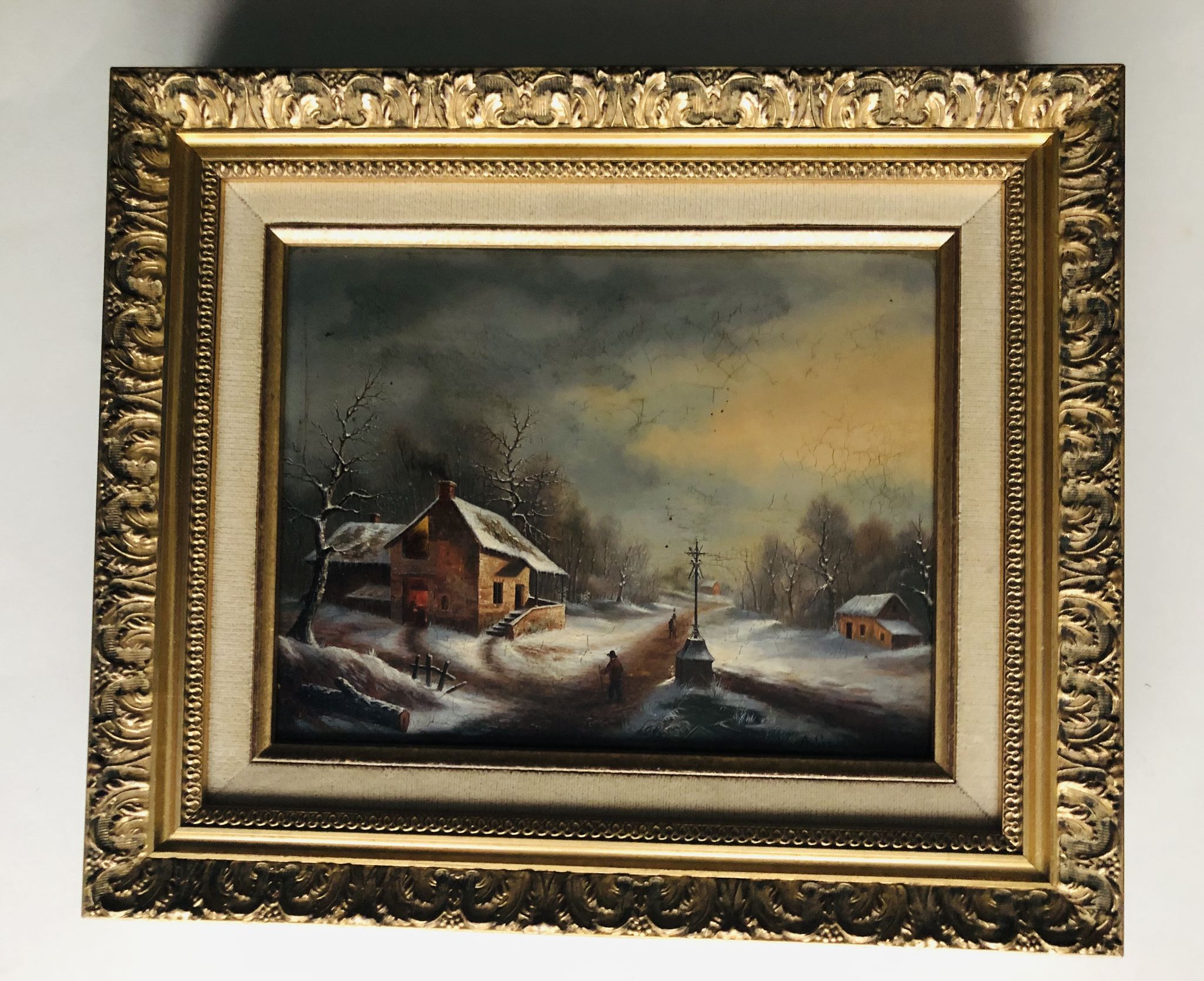 Huile sur panneau, paysage d'hiver animé
