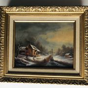 Huile sur panneau, paysage d'hiver animé