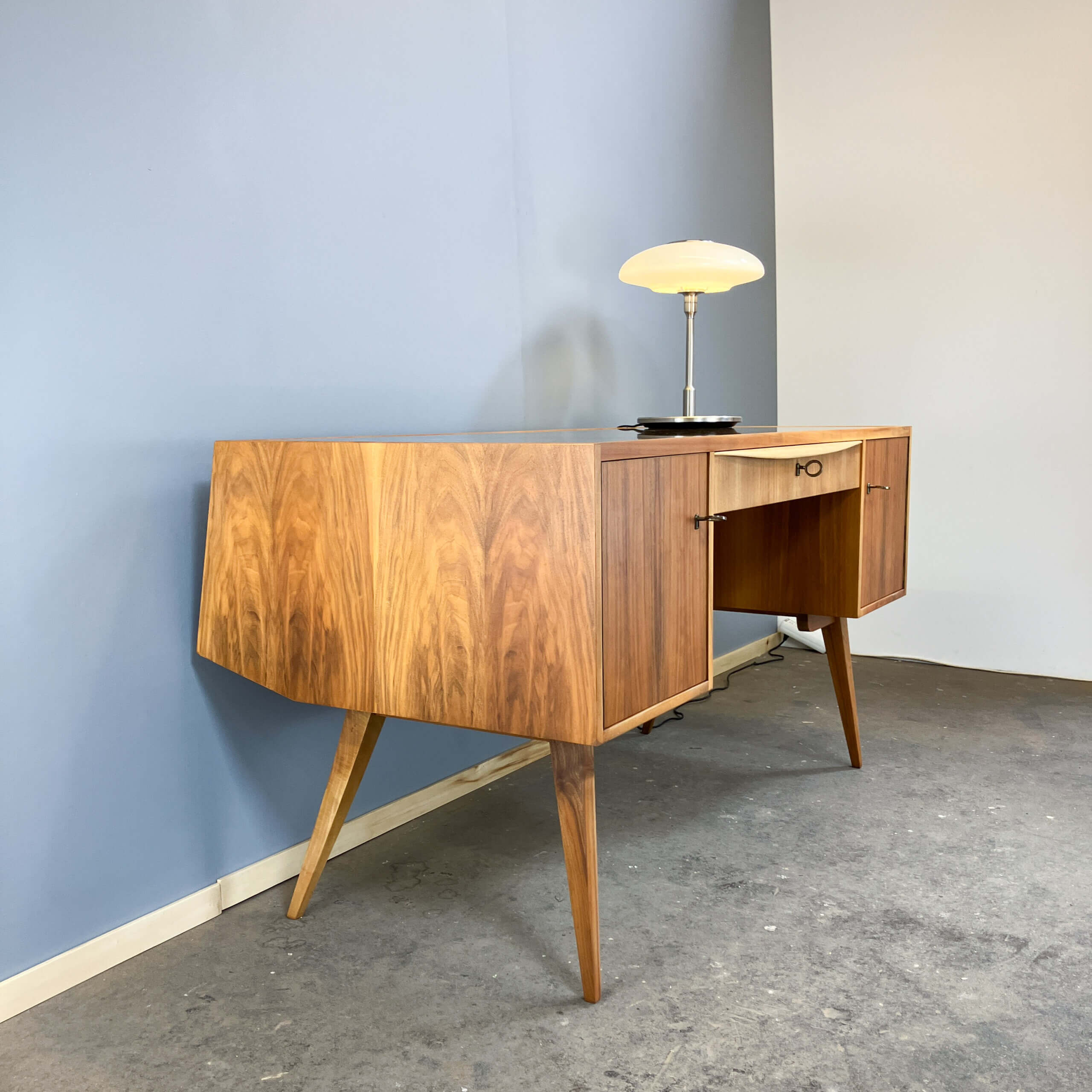 Desk with glass top, walnut, 1950s