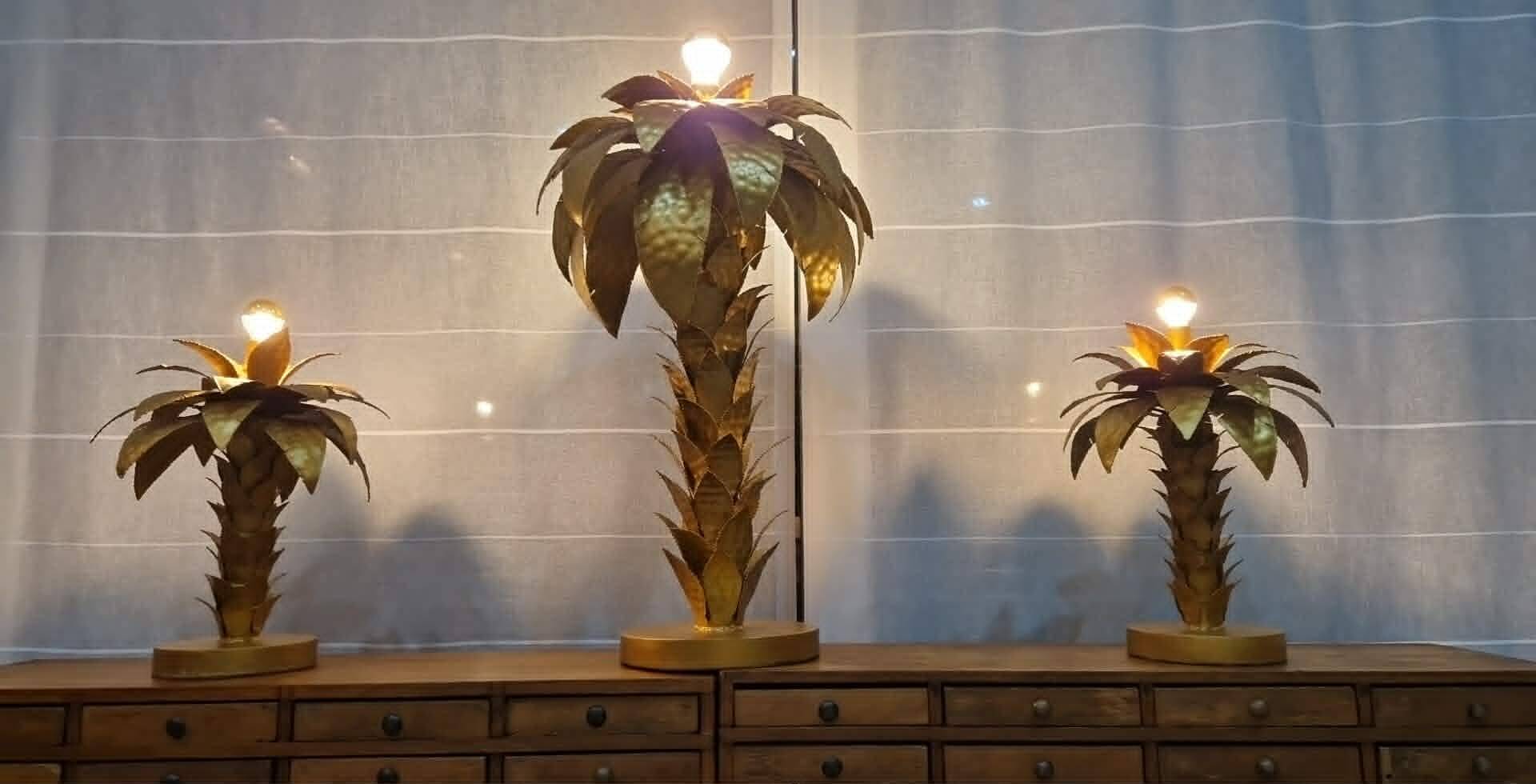 Hollywood Regency Palm Tree Lamp Trio – Hammered Gold Metal
