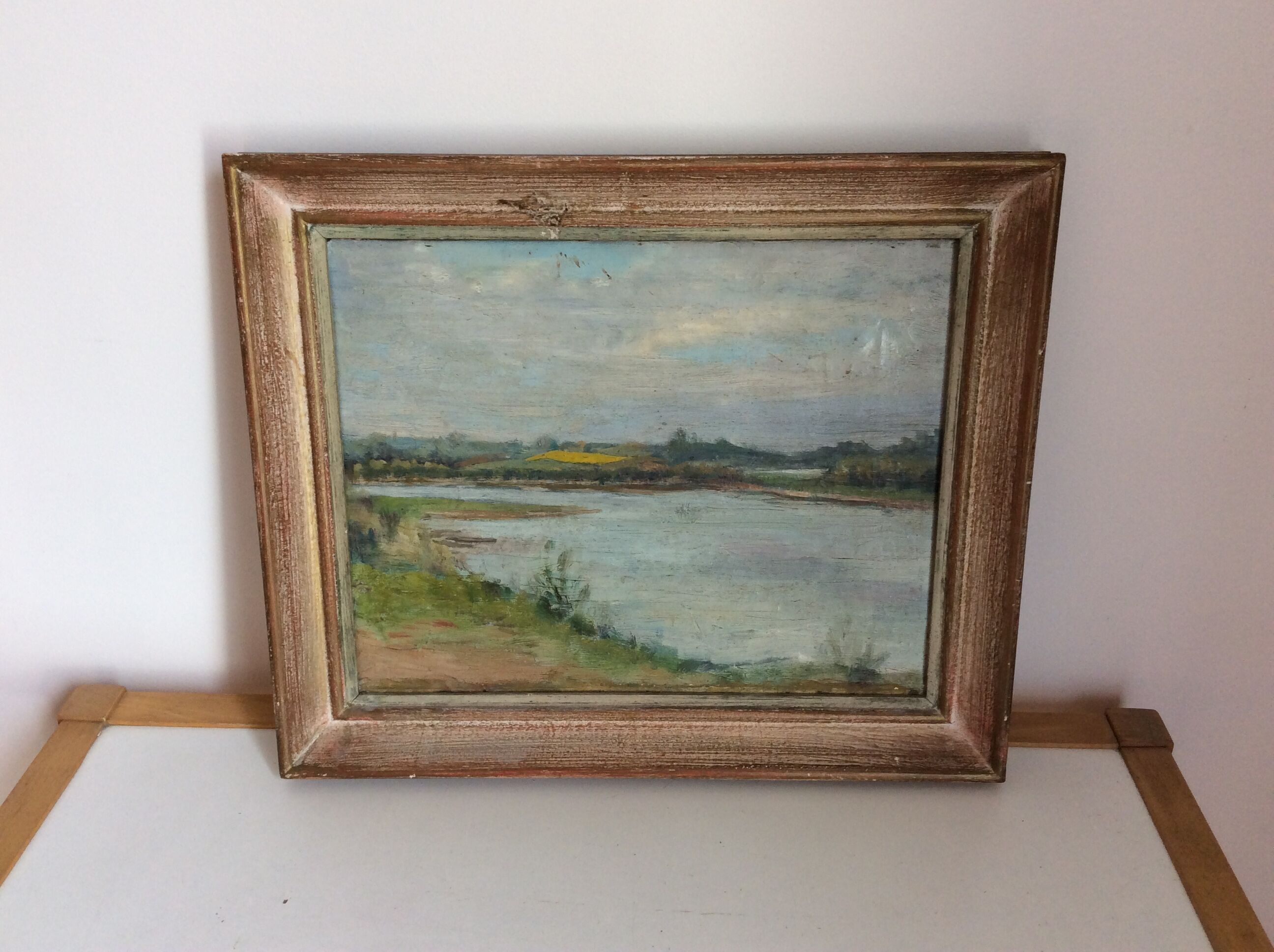 Old painting, riverside landscape