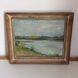 Old painting, riverside landscape