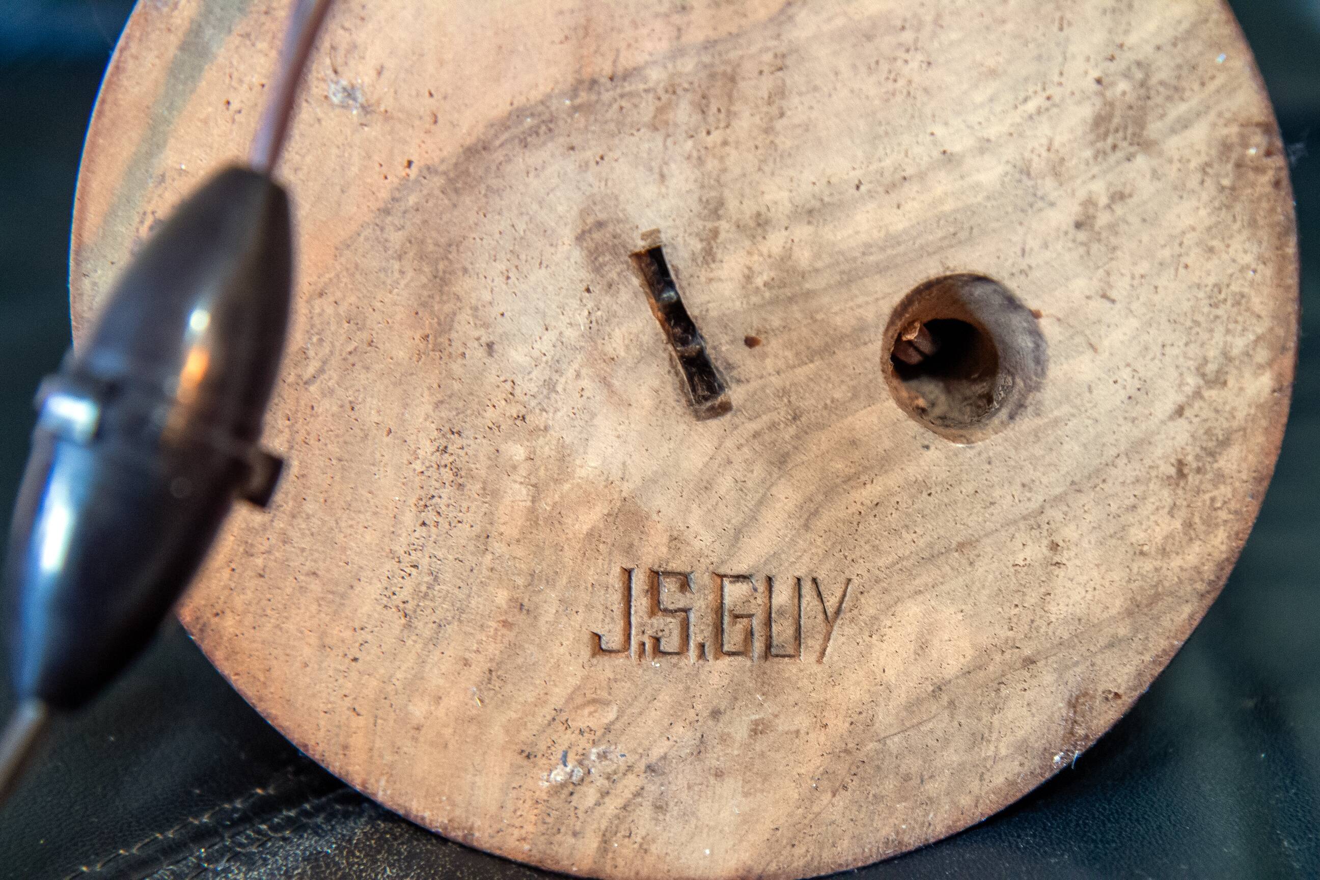 Large turned wooden lamp from the 1960s, signed JS Guy.