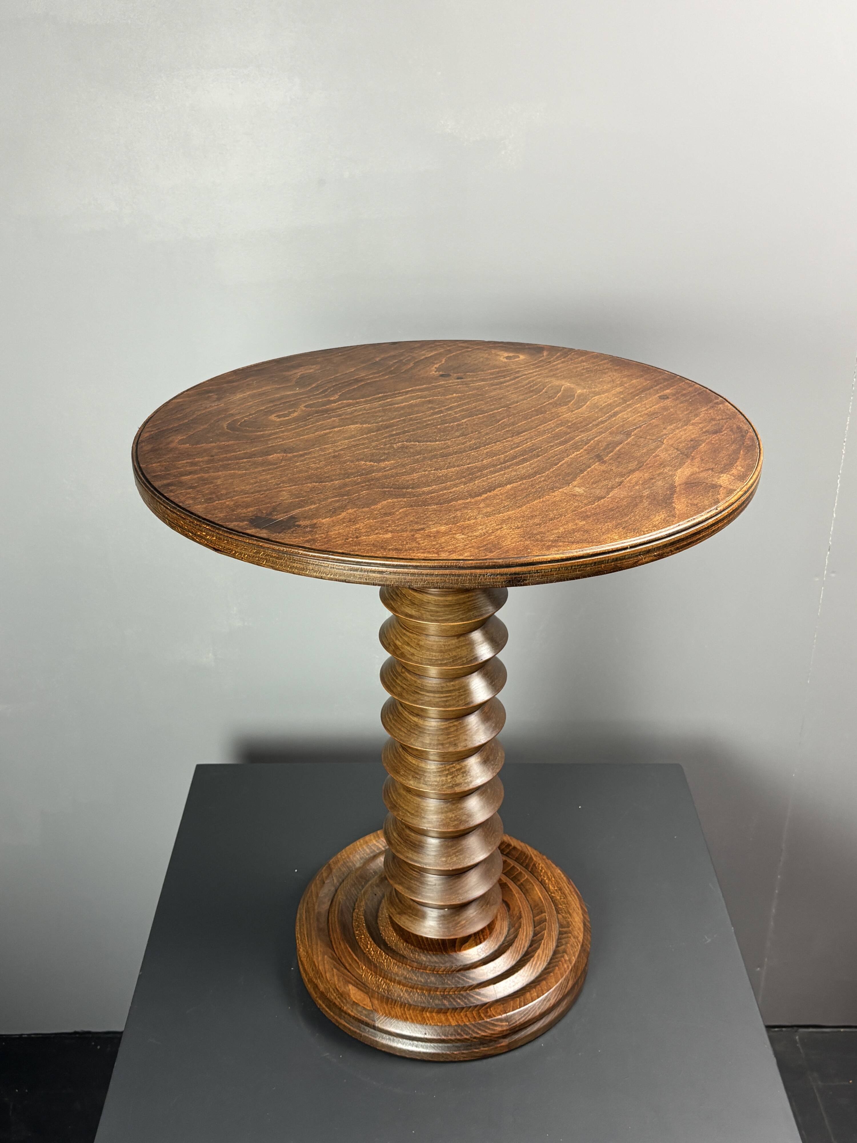 Midcentury brutalist wood turned side table in the style of Charles Dudouyt