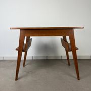 Compass leg desk, 1950s wood reconstitution style.