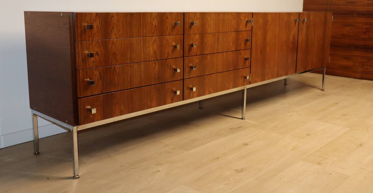 Vintage sideboard by Luigi Bartolini in rosewood and chrome metal, 1960