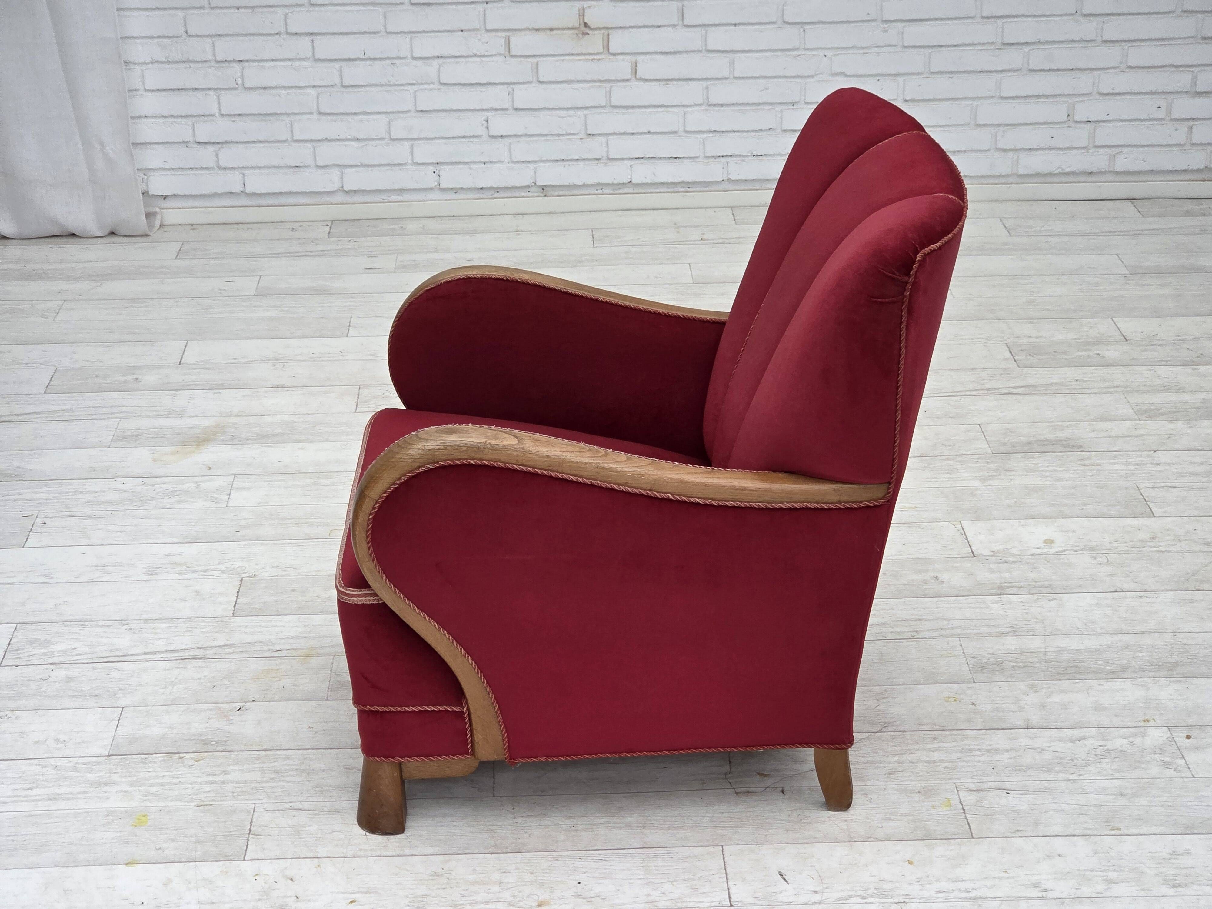 1960s, Danish armchair, red furniture velour, oak wood.