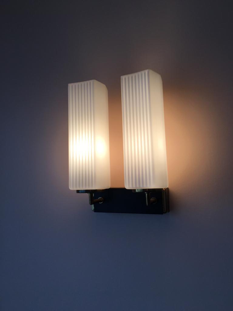 Pair of sconces in opaline and brass