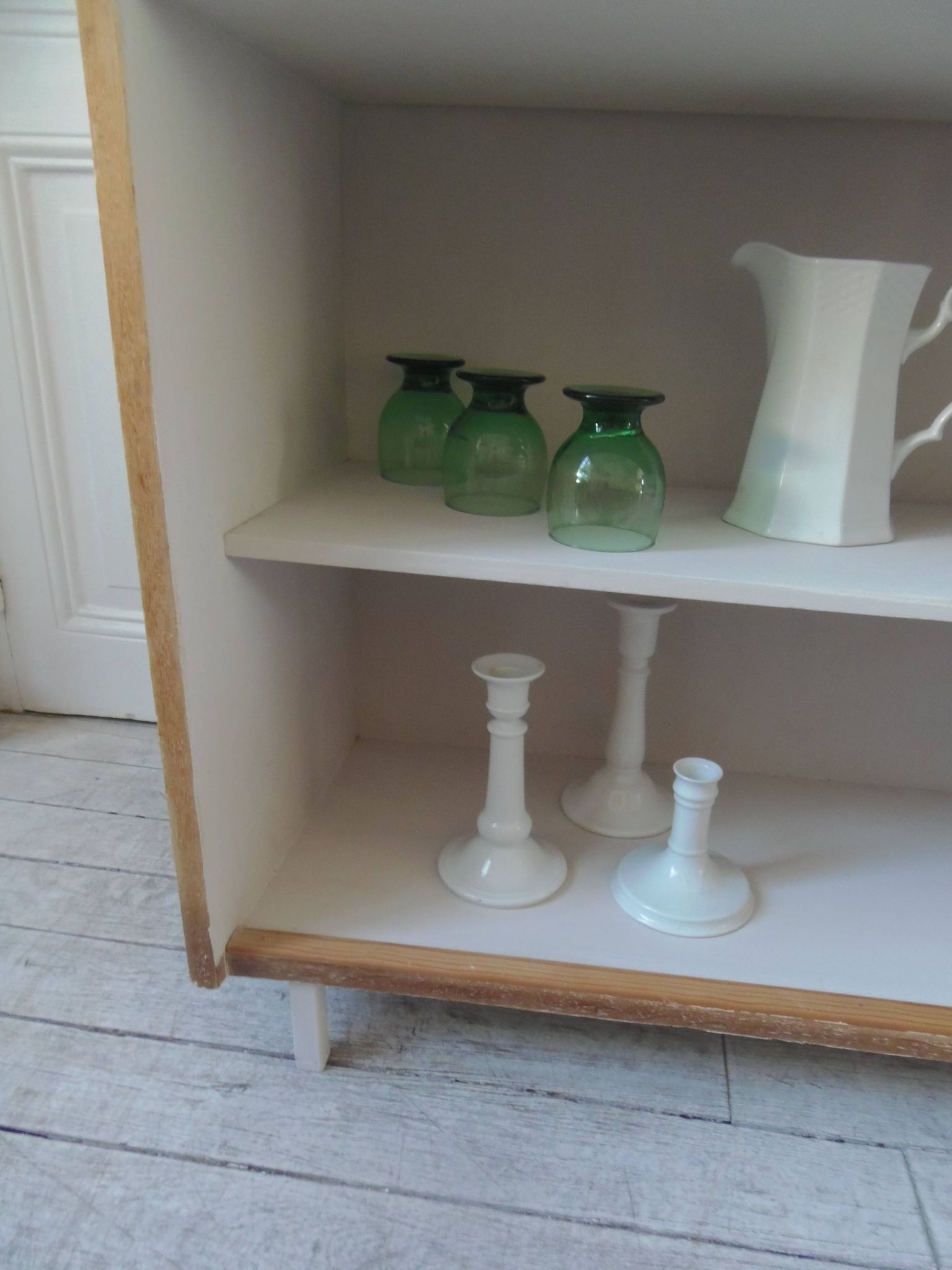 Vintage oak veneer bookcase, pearl gray interior, metal legs