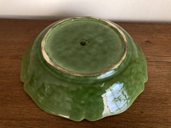 Centre de table à godrons en terre vernissée de Biot vert 1960 XL