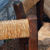 Brutalist chairs in pine and straw, France, 1950s, set of 4