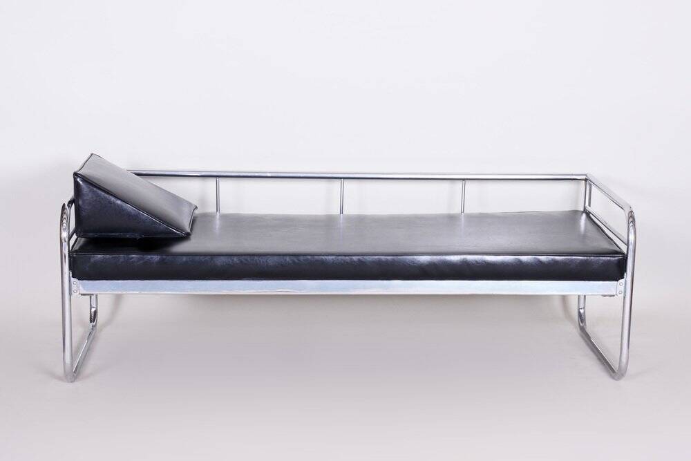 Sofa in Chrome-Plated Tubular Steel and Black Leather attributed to Hynek Gottwald, Former Czechoslovakia, 1930s