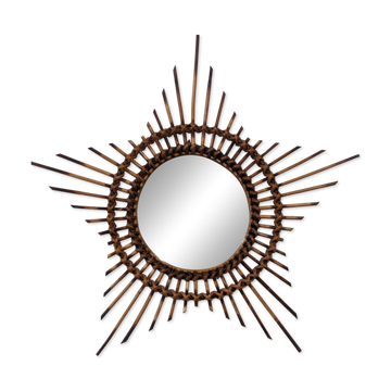Starry sun mirror in rattan, France around 1960.