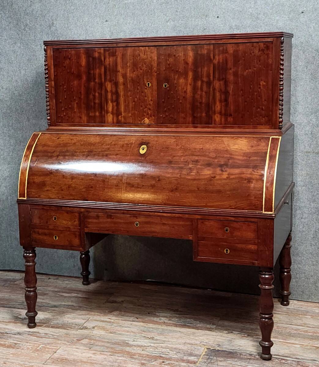 Parisian roll-top desk from the Charles X period in mottled mahogany