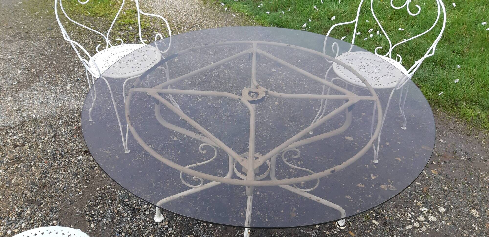 Garden furniture wrought iron and smoked glass 1900