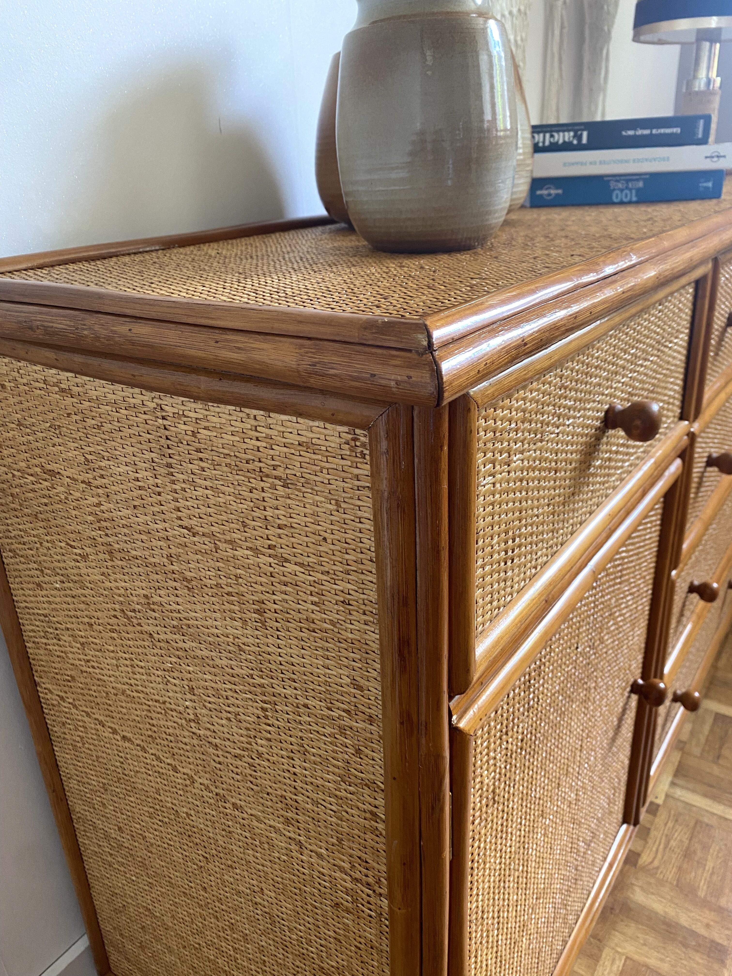 Wood and woven wicker sideboard
